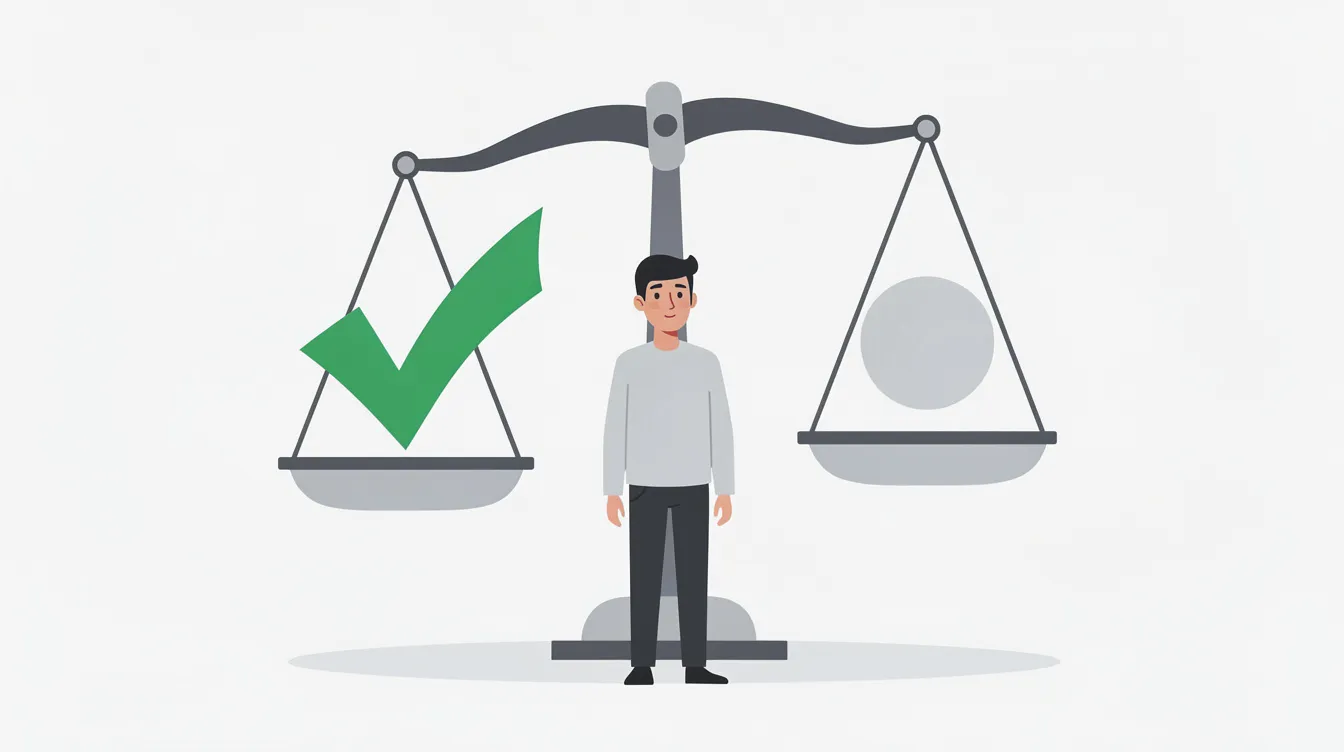 The image features a flat illustration of a person thoughtfully weighing two options on a scale, with a green checkmark symbolizing confident decision-making. This visual represents the importance of making informed choices in online business, such as selecting the right marketing tools or platforms like Kajabi for creating and selling online courses.