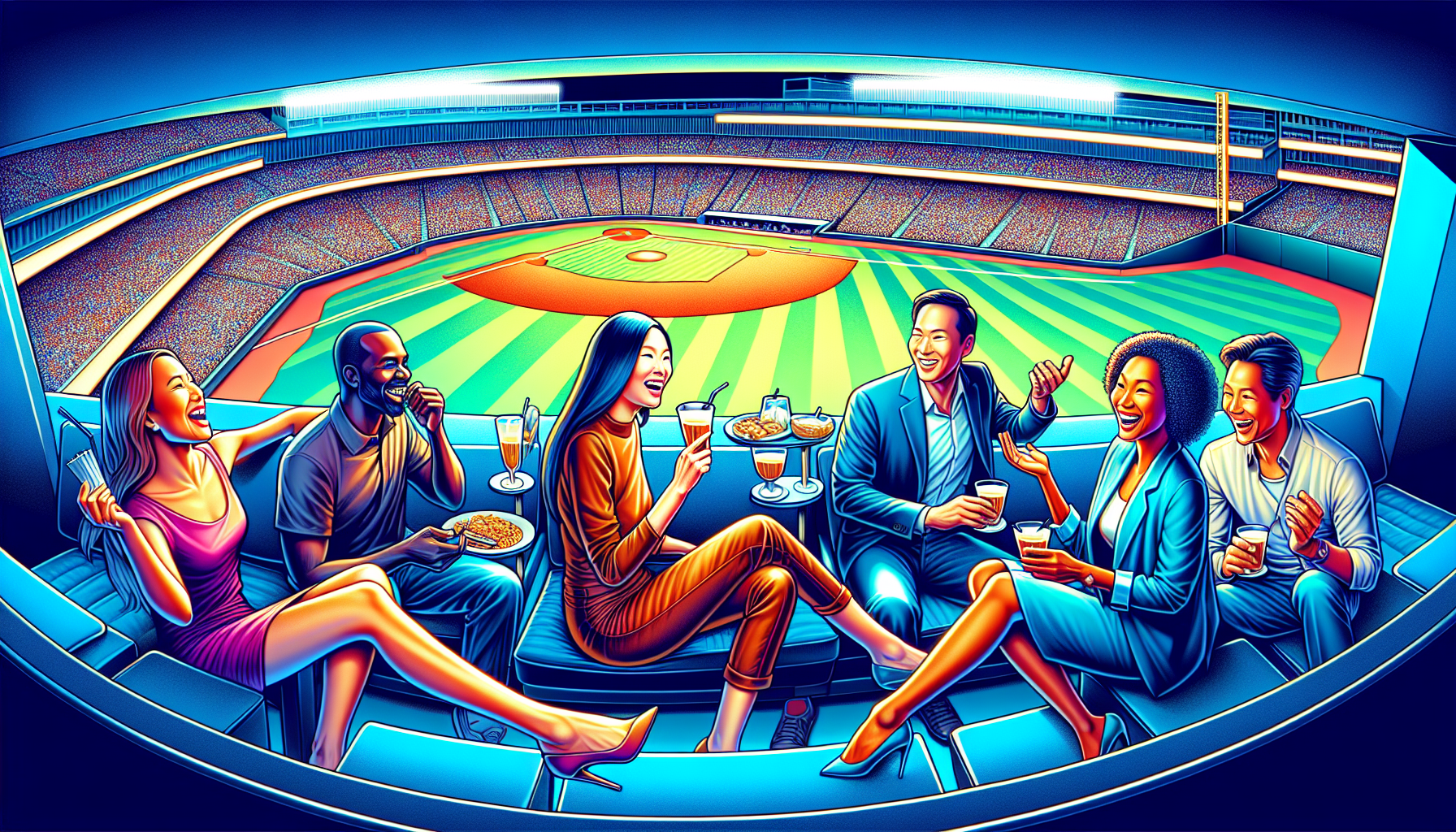Illustration of a group socializing and enjoying the exclusive atmosphere of box seating at a baseball game