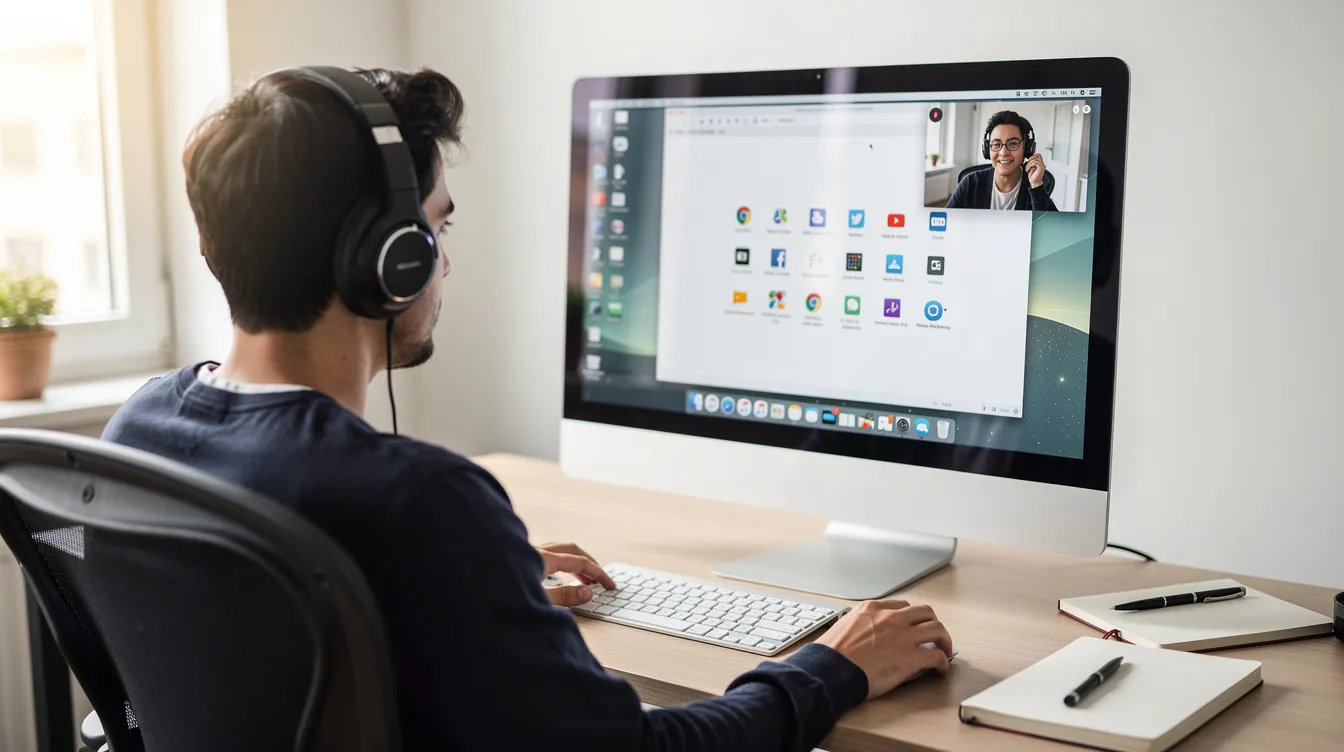 A person is sitting at a desk wearing headphones, actively recording their computer screen using a webcam, which is visible on the monitor. The setup suggests they are utilizing screen recording tools to create high-quality recordings, possibly for tutorials or presentations.