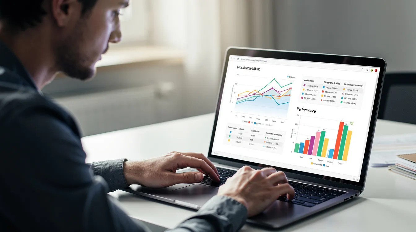Eine Person sitzt konzentriert an einem Laptop und arbeitet an Grafiken auf dem Bildschirm, die wichtige Daten für Content Marketing und SEO-Analysen darstellen. Die Umgebung ist ruhig und der Fokus liegt auf der Optimierung von Inhalten und der Verbesserung der Sichtbarkeit der Website.