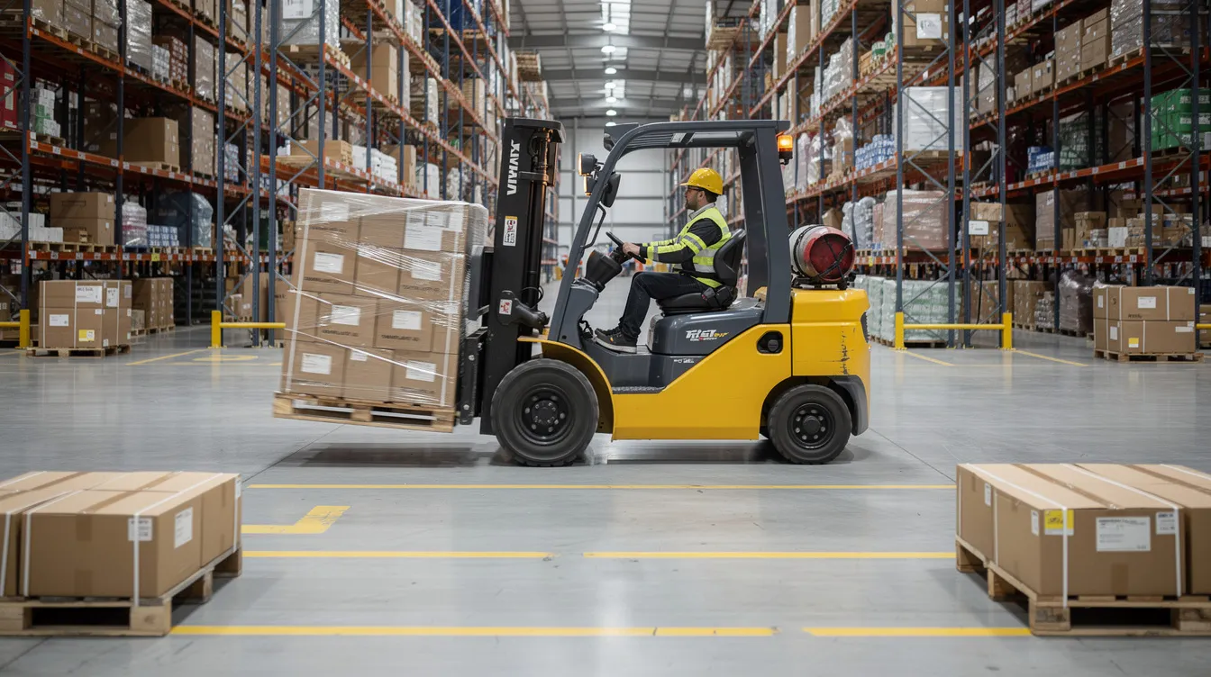 A forklift is seen moving palletized freight inside a terminal, showcasing the efficient handling of various commodities. This scene highlights the importance of freight classification, which determines shipping costs and handling requirements for different freight classes.