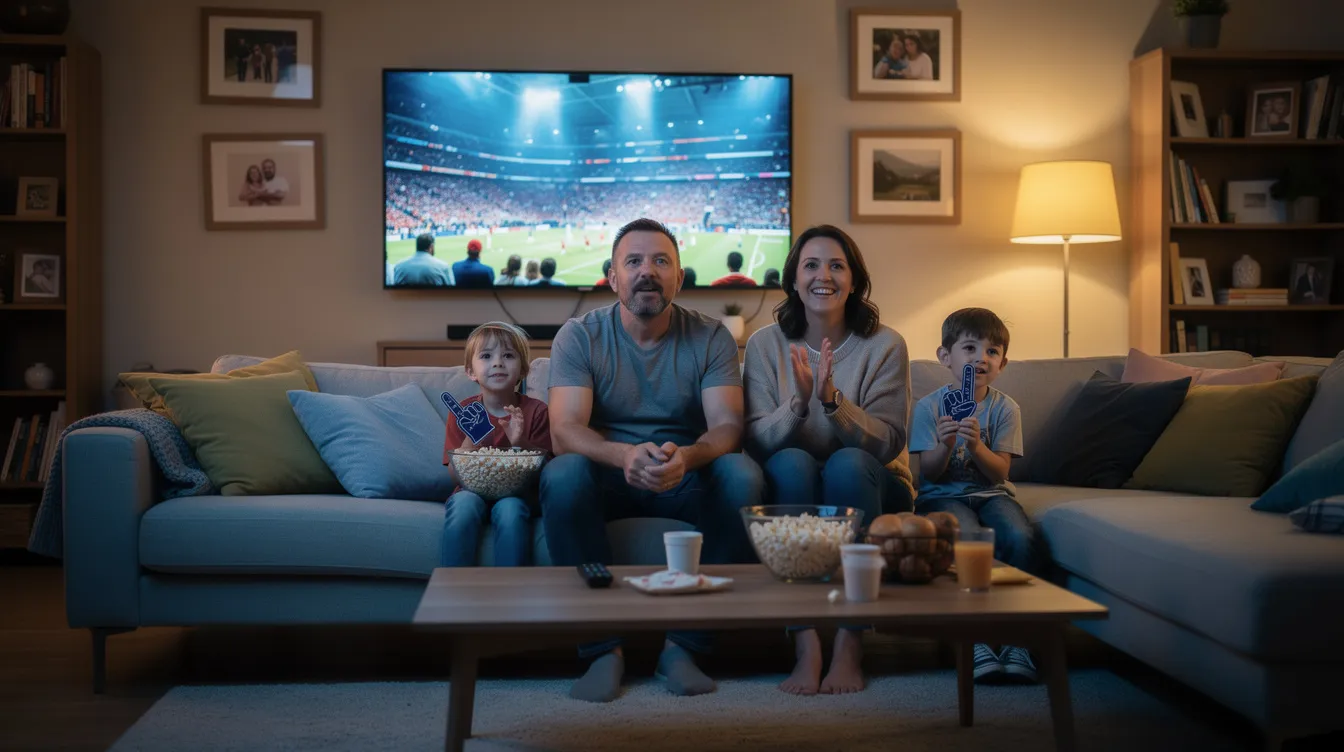 A family is gathered in their living room, enjoying a sports match on a smart TV, showcasing the excitement of live TV. They are engaged and cheering together, highlighting the joy of watching sports through a reliable IPTV service.