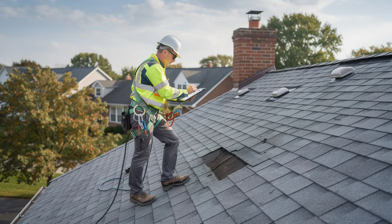A professional roof inspector, secured with a safety harness, is carefully examining the shingles on a residential roof to assess its condition. This roof inspection process is essential for identifying potential issues and ensuring the overall health of the building's roof.