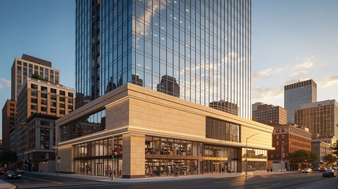 A modern glass condominium tower with a limestone base stands prominently against the Toronto skyline, showcasing the architectural beauty of the financial district. This building, located at 88 Scott Street, features luxurious condos and amenities, making it an attractive option for residents in the bustling city.