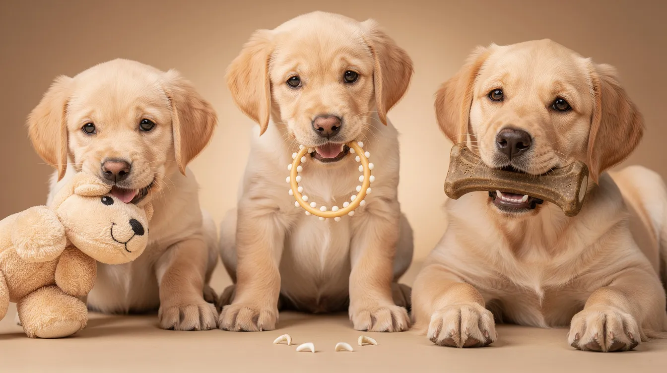 The image depicts a playful teething puppy, showcasing its tiny baby teeth and swollen gums as it chews on a colorful, safe chew toy. This scene captures the essence of the puppy teething phase, highlighting the natural process of transitioning from milk teeth to permanent adult teeth.