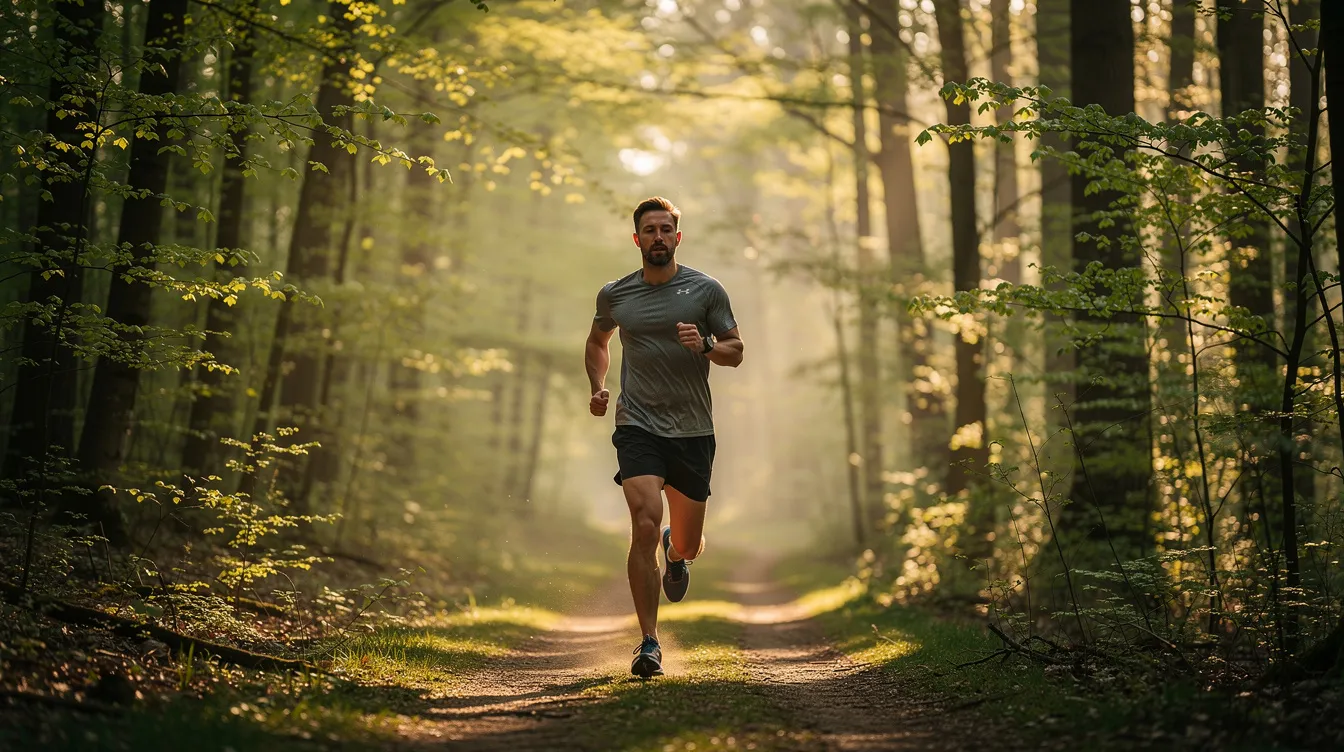 A man is jogging along a tree-lined trail, illuminated by the soft light of early morning, embodying a commitment to healthy lifestyle habits and physical performance. This scene reflects the vitality and energy that can be supported by daily dietary supplements, promoting overall health and wellness.