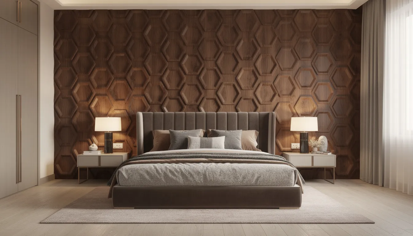 Een sfeervolle slaapkamer met luxe uitstraling, gekenmerkt door hexagon wandpanelen in walnootkleur achter een elegant fluwelen hoofdbord. De unieke zeshoekige vorm van de akoestische panelen draagt bij aan een rustige sfeer en een strak resultaat in het interieur.