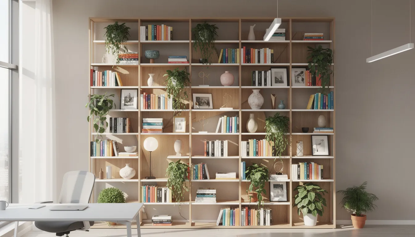 A tall bookcase filled with colorful books, lush plants, and decorative items stands in a bright office space, contributing to a clutter-free and organized workspace. This stylish piece of office furniture enhances the room's productivity and creativity.