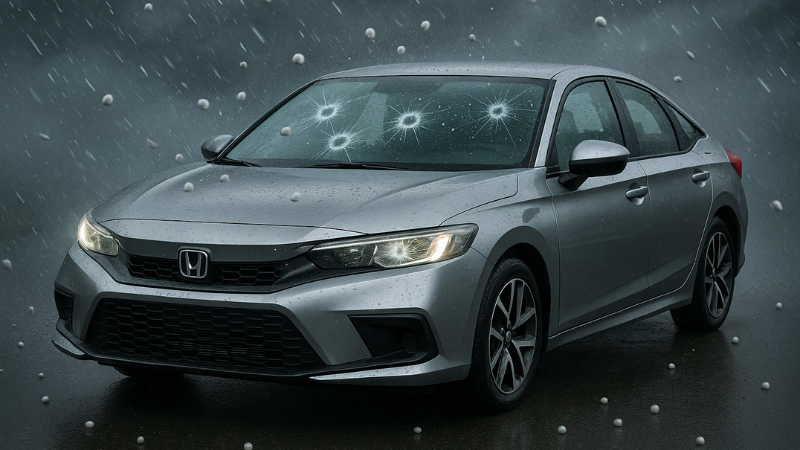 Windshield protection film protecting Honda Civic's screen to scatter from stones in a storm