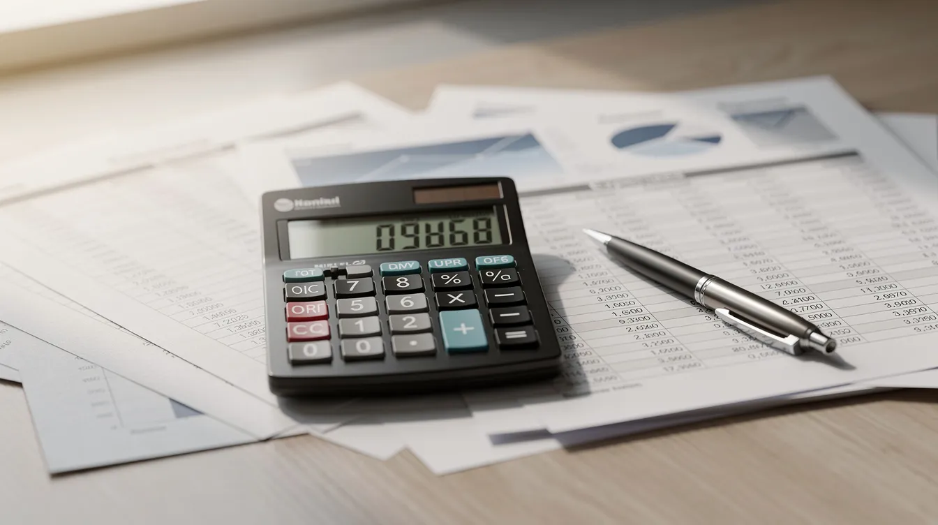 The image features a calculator, financial documents, and a pen neatly arranged on a desk, suggesting a workspace focused on financial planning or analysis. This setup could be associated with tasks like calculating interest rates or preparing for a loan application, such as a "結餘 轉 戶" plan or "二線 清 數" services.
