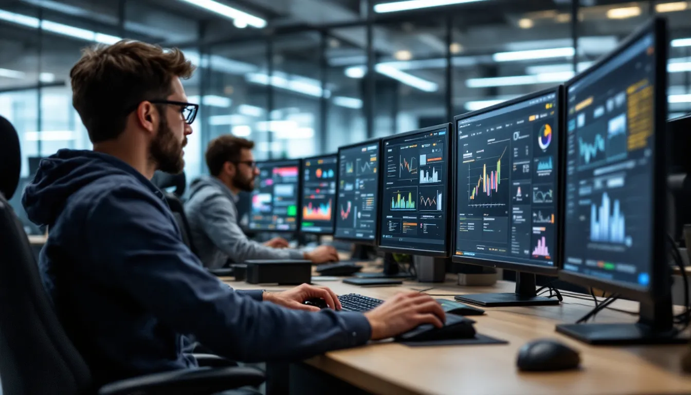 In the image, a group of data engineers is collaborating at their workstations, surrounded by multiple computer screens displaying intricate data flow diagrams and system monitoring dashboards. They are focused on tasks related to data integration and virtualization, utilizing tools like Talend and Denodo to manage various data sources and ensure data quality for timely decision-making.