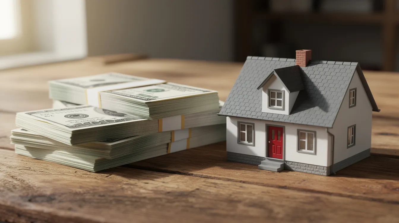 The image depicts stacks of US dollar bills arranged beside a small model house on a wooden table, symbolizing the financial aspects of real estate investing, including down payments and closing costs. This visual representation highlights the importance of hard money loans and financial position for investors in the property market.