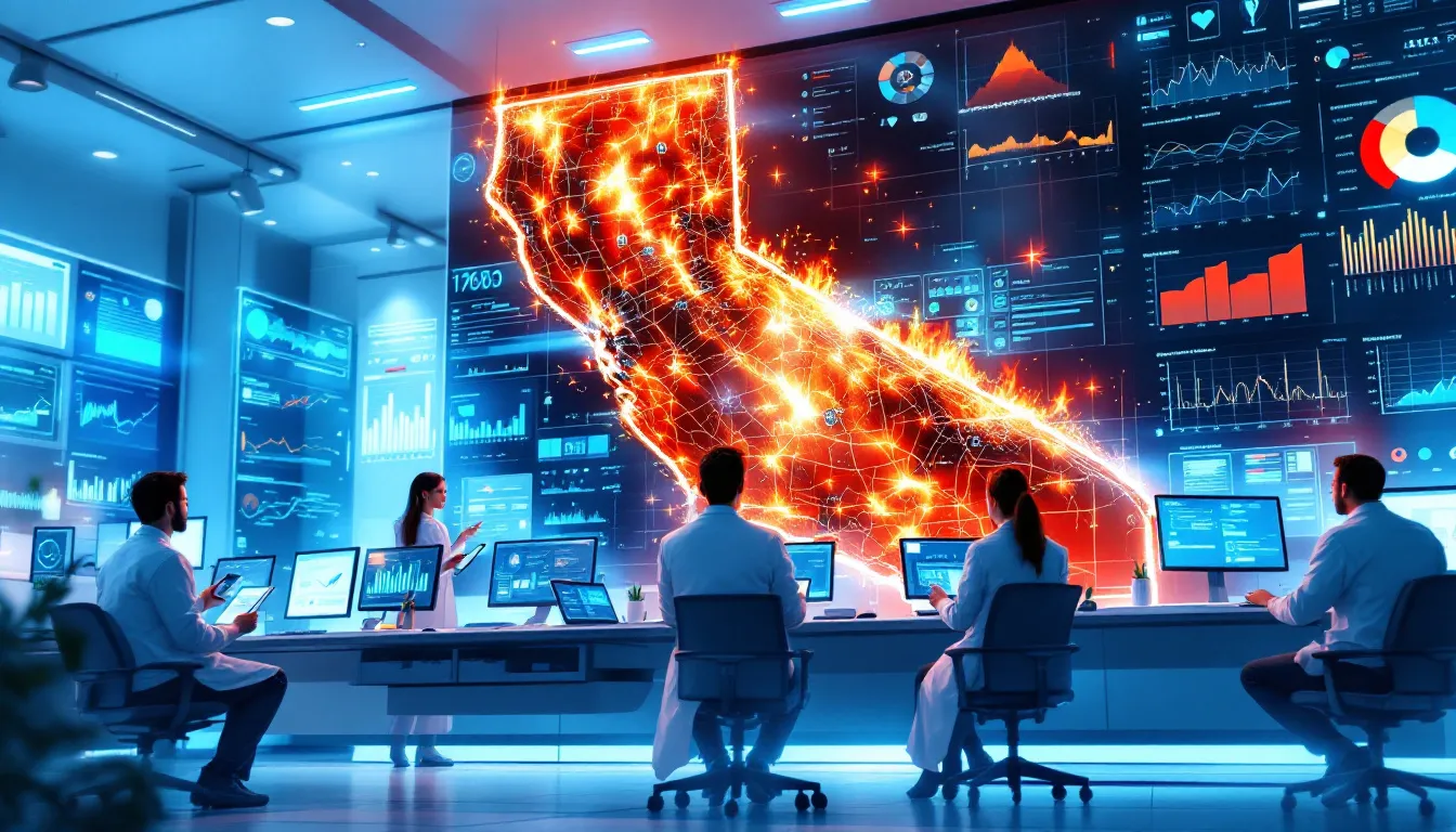 The image illustrates the concept of AI powered wildfire prediction models, highlighting the use of historical wildfire data and machine learning techniques to accurately predict wildfire spread and enhance disaster preparedness. It emphasizes the importance of satellite imagery and statistical methods in understanding wildfire behavior and managing fire incidents in high risk areas, particularly during increasingly severe wildfire seasons.