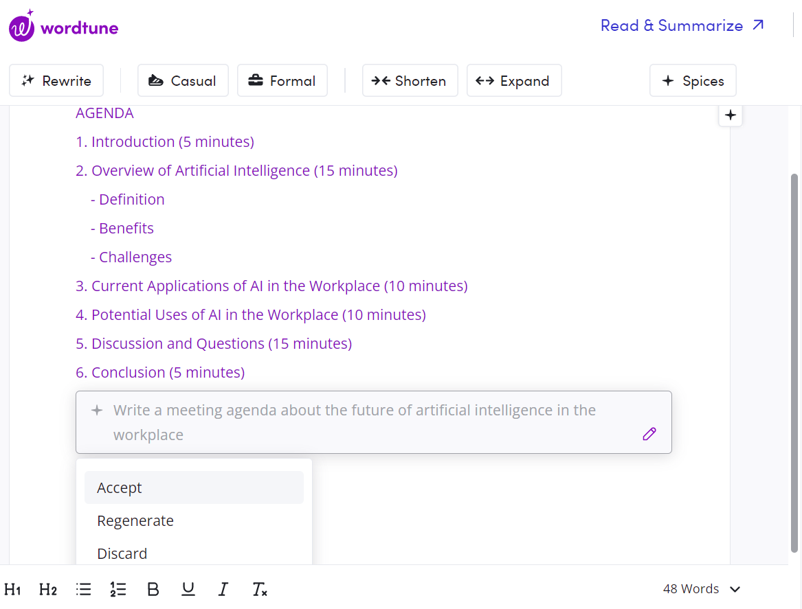 Wordtune's AI Content Generation Tool