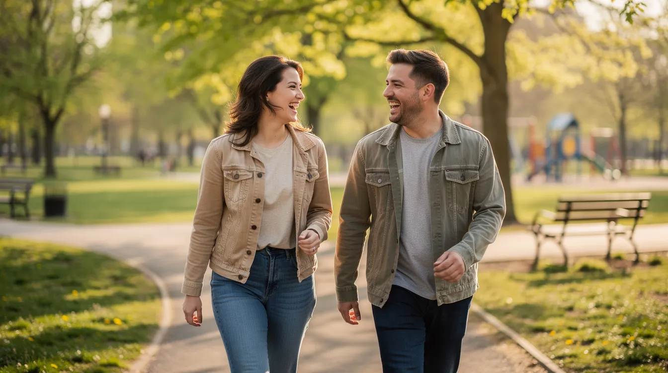 Zwei Personen, ein Mann und eine Frau, laufen lachend nebeneinander in einem Park und genießen die frische Luft. Ihre fröhliche Stimmung spiegelt die Leichtigkeit des Lebens und die Möglichkeit neuer Begegnungen wider.