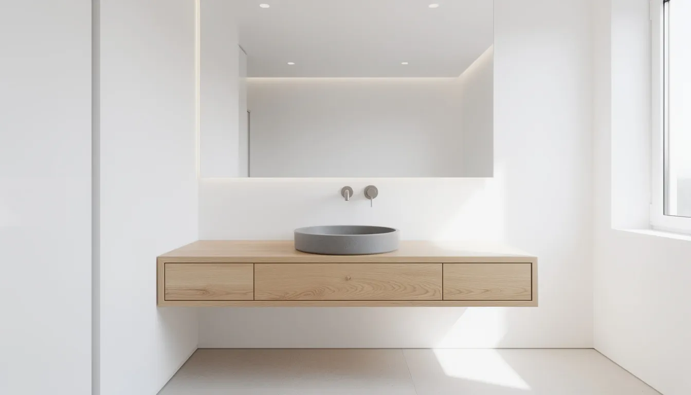 A round concrete vessel sink with a warm gray finish is elegantly positioned on a floating wooden vanity, enhancing the modern bathroom's natural beauty and bright ambiance. The sink's unique shape and durable material promise longevity and resistance to scratches and stains.