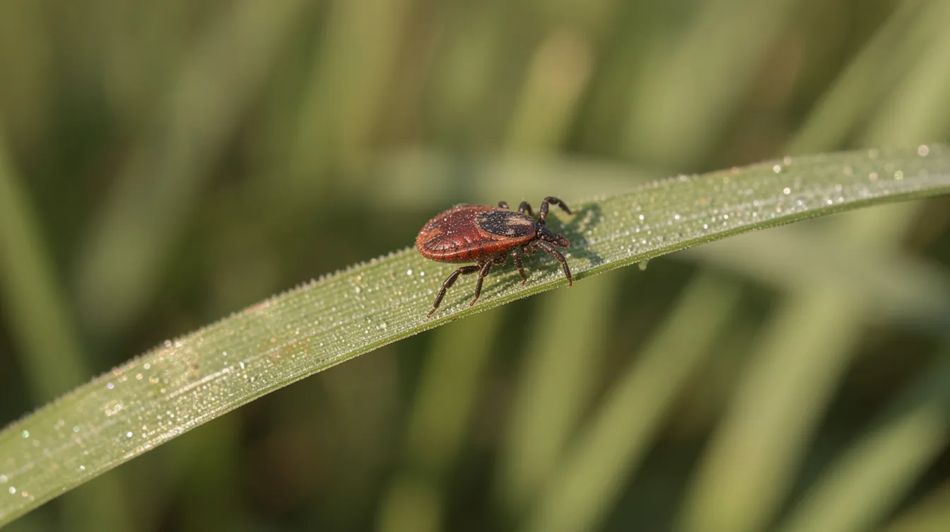 A close-up photograph captures an adult American dog tick crawling on a green blade of grass, showcasing its dark brown body in natural outdoor lighting. This image highlights the tick's questing behavior, which is common in grassy areas during the active spring and summer months, as it seeks a host for a blood meal.