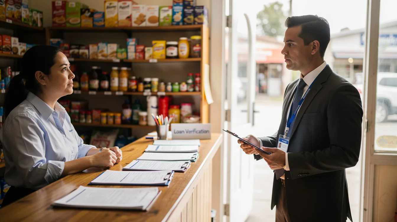 6fc18f84 7052 4a09 a978 6c96a4771f73 A bank officer is seen visiting a small retail shop, engaging in field verification to assess the business's viability for a mudra loan application. The officer is likely reviewing documents such as bank statements and business proof to determine the shop owner's repayment capacity and eligibility for loan approval.