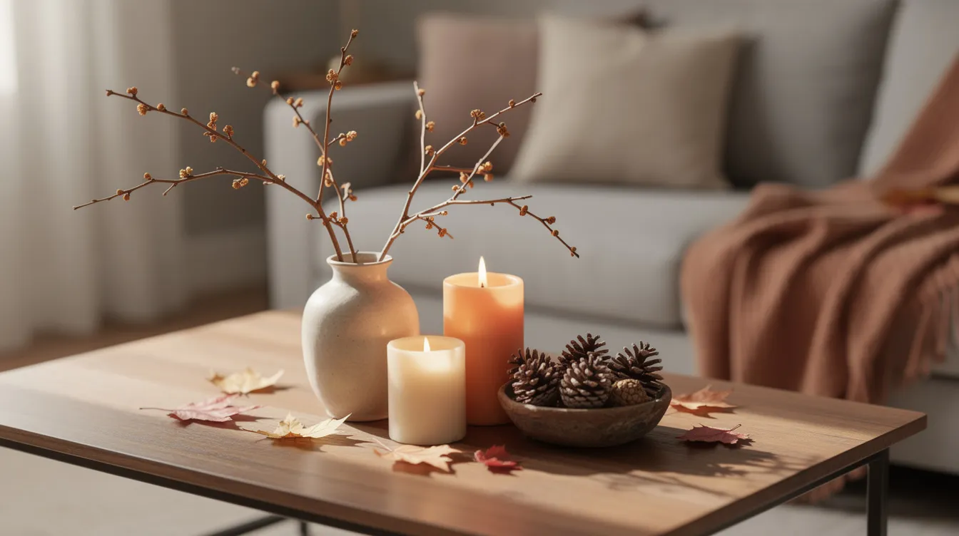 Een stijlvolle salontafel in neutrale tinten, versierd met gedroogde takken, kaarsen en een schaaltje met dennenappels, creëert een gezellige en natuurlijke sfeer in de zithoek. De verschillende texturen en materialen geven een speels effect aan de decoratie.