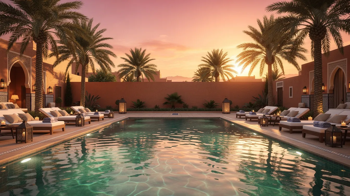 The image depicts a luxurious swimming pool surrounded by tall palm trees and elegant sun loungers, creating a serene oasis in Marrakech. This beautiful setting offers guests full access to a perfect pool day, where they can relax and enjoy the sun while taking in panoramic views of the stunning landscape.