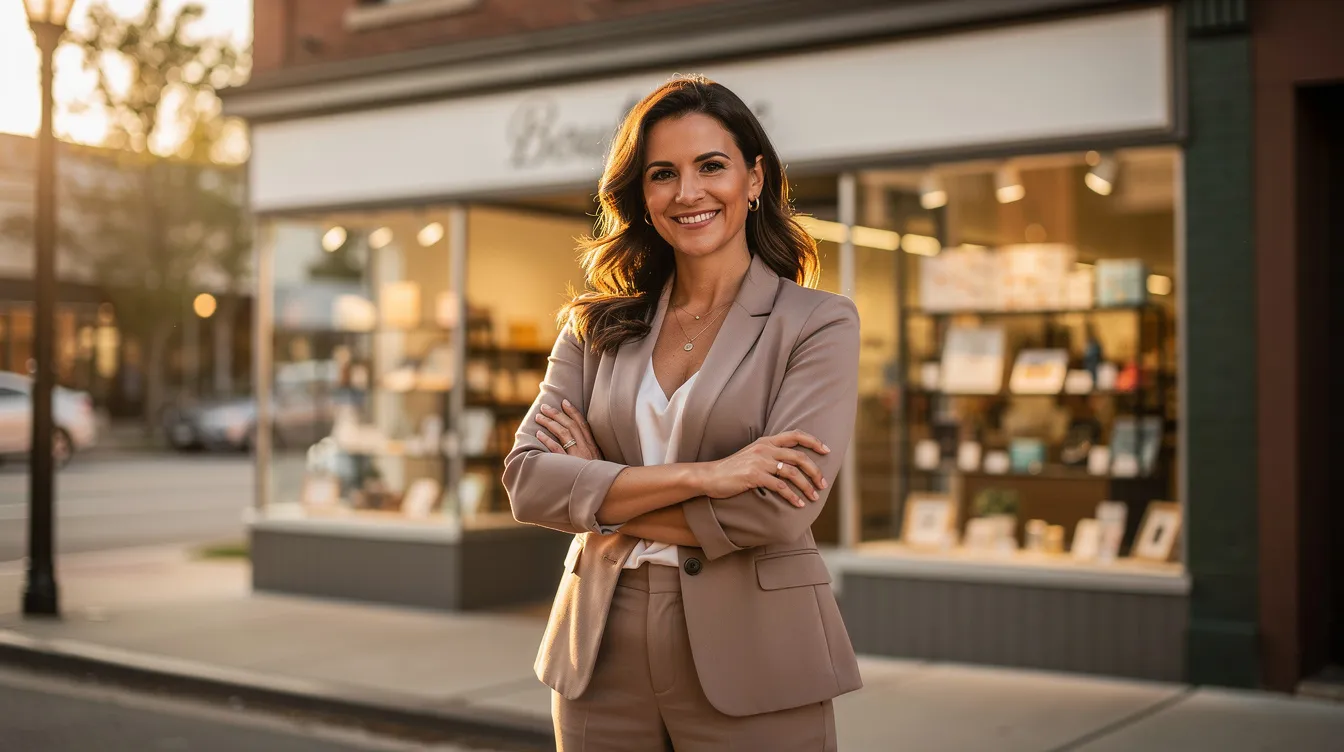 6fc27757 7e4f 4a48 9140 12a819309a14 A confident woman entrepreneur stands proudly in front of her small retail shop, showcasing her successful micro enterprise. She represents the spirit of the Mudra scheme, having successfully repaid previous loans and built a satisfactory credit track record with the support of small finance banks.