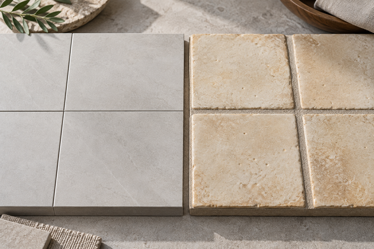 Side-by-side comparison of smooth rectified tiles and rustic stone-look tiles with wider grout joints.