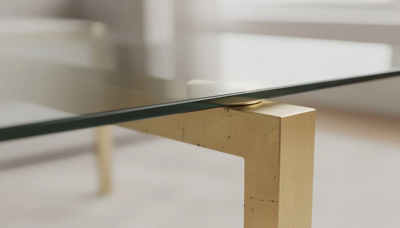 Närbild som visar kontrasten mellan härdat glas och borstade mässingsdetaljer på ett elegant skrivbordsunderrede. Den moderna designen framhäver materialen och ger en stilren känsla, perfekt för en exklusiv arbetsyta.