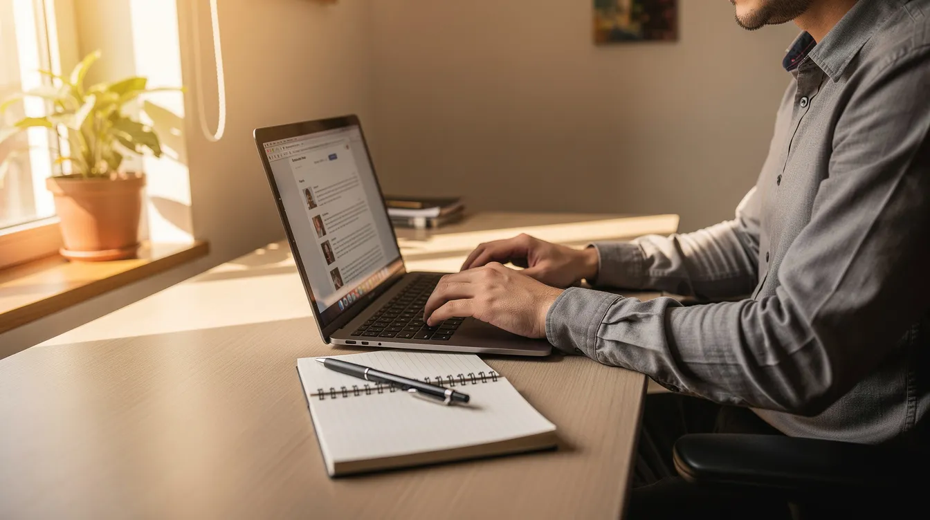 A person is seated at a home office desk, working on a laptop while jotting down notes in a notebook, with warm sunlight streaming through a nearby window. This scene reflects the potential for small business owners to thrive in a comfortable environment, emphasizing the importance of a well-planned business model and effective digital marketing strategies.