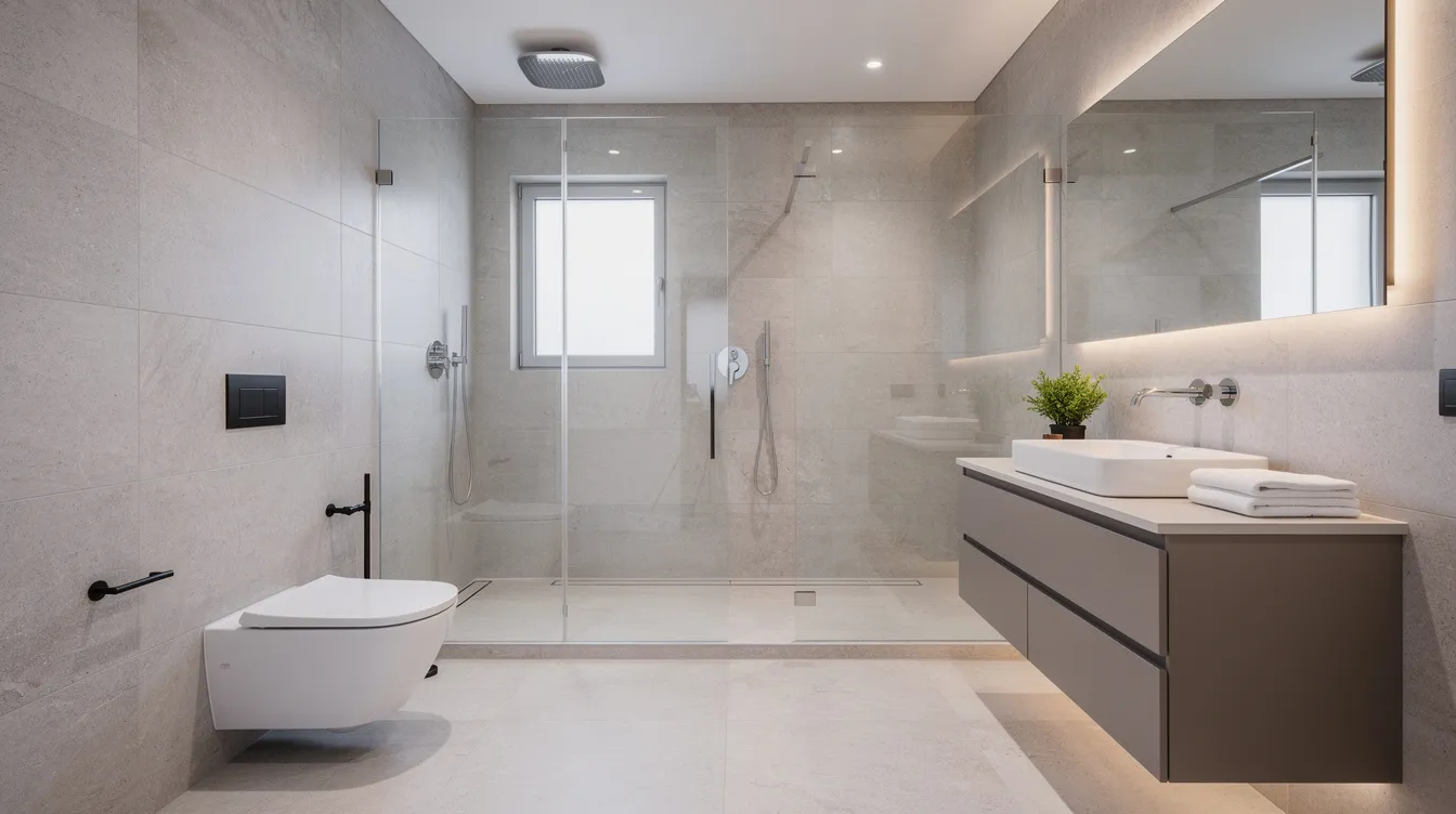 Cette image montre une salle de bain moderne avec une douche à l'italienne, ornée de carrelage contemporain. On y aperçoit également un chauffe-eau, essentiel pour le confort et la plomberie à Nantes.