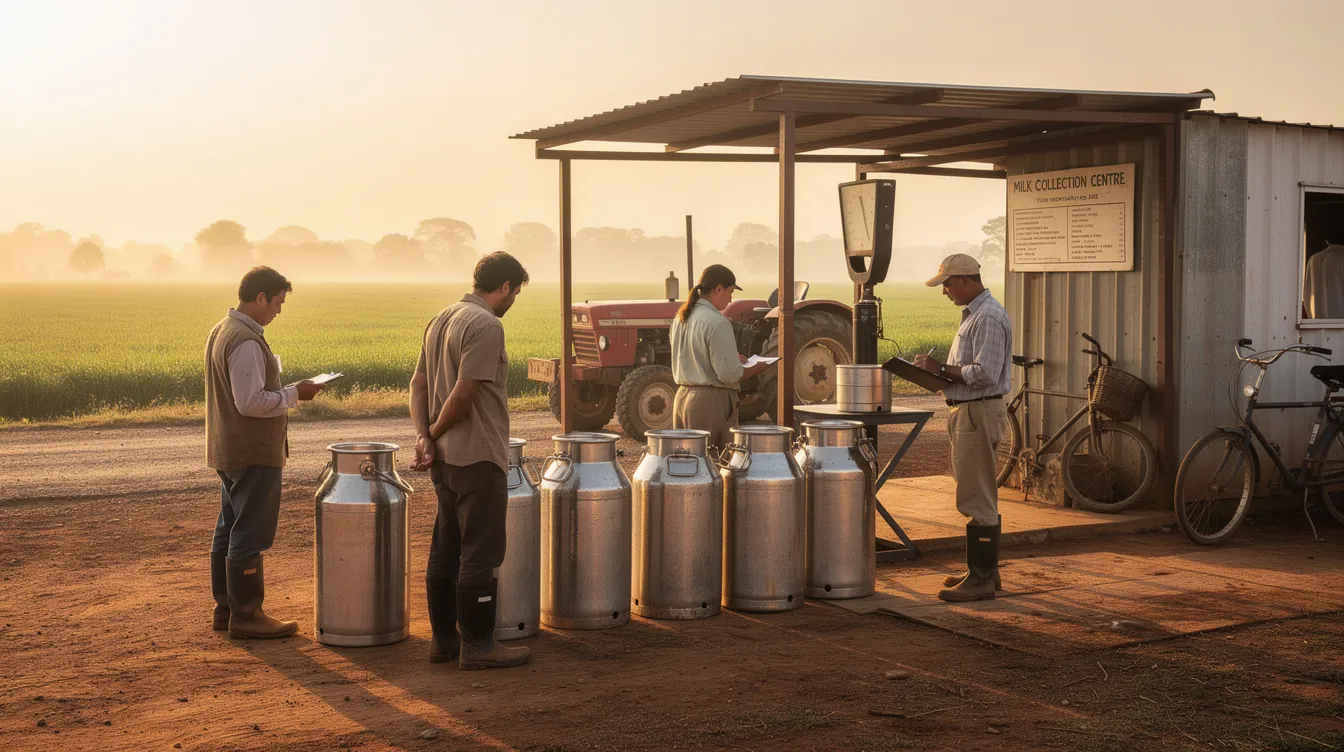 Dairy farmers are seen delivering fresh milk in stainless steel containers at a rural collection center, highlighting the essential role of raw materials in the ghee manufacturing process. This scene underscores the importance of quality assurance in the food processing industry, particularly in the ghee manufacturing sector.