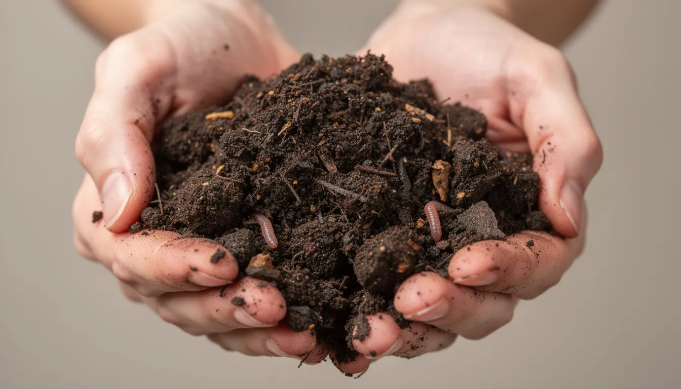 The image shows hands gently cupping dark, crumbly vermicompost, rich in worm castings, against a neutral background. This finished compost, derived from organic waste like food scraps and kitchen scraps, is ideal for enriching garden soil and promoting plant growth. The image shows hands gently cupping dark, crumbly vermicompost, rich in worm castings, against a neutral background. This finished compost, derived from organic waste like food scraps and kitchen scraps, is ideal for enriching garden soil and promoting plant growth.