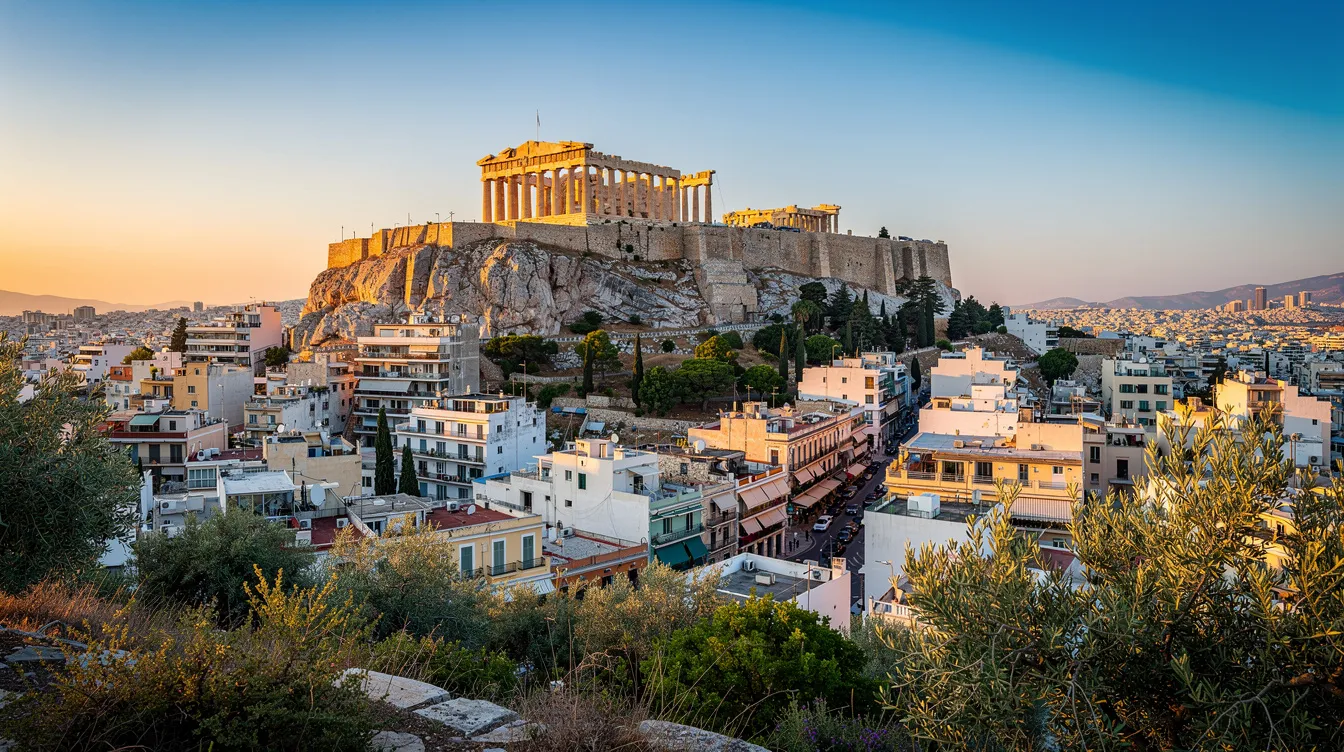 A imagem retrata a cidade de Atenas, na Grécia, destacando o famoso Templo de Partenon, que simboliza a rica história e cultura da Grécia antiga. Ao fundo, podem ser vistas casas brancas típicas e o mar Egeu, formando um cenário encantador para viajantes em busca de ofertas de estadia e experiências culturais.