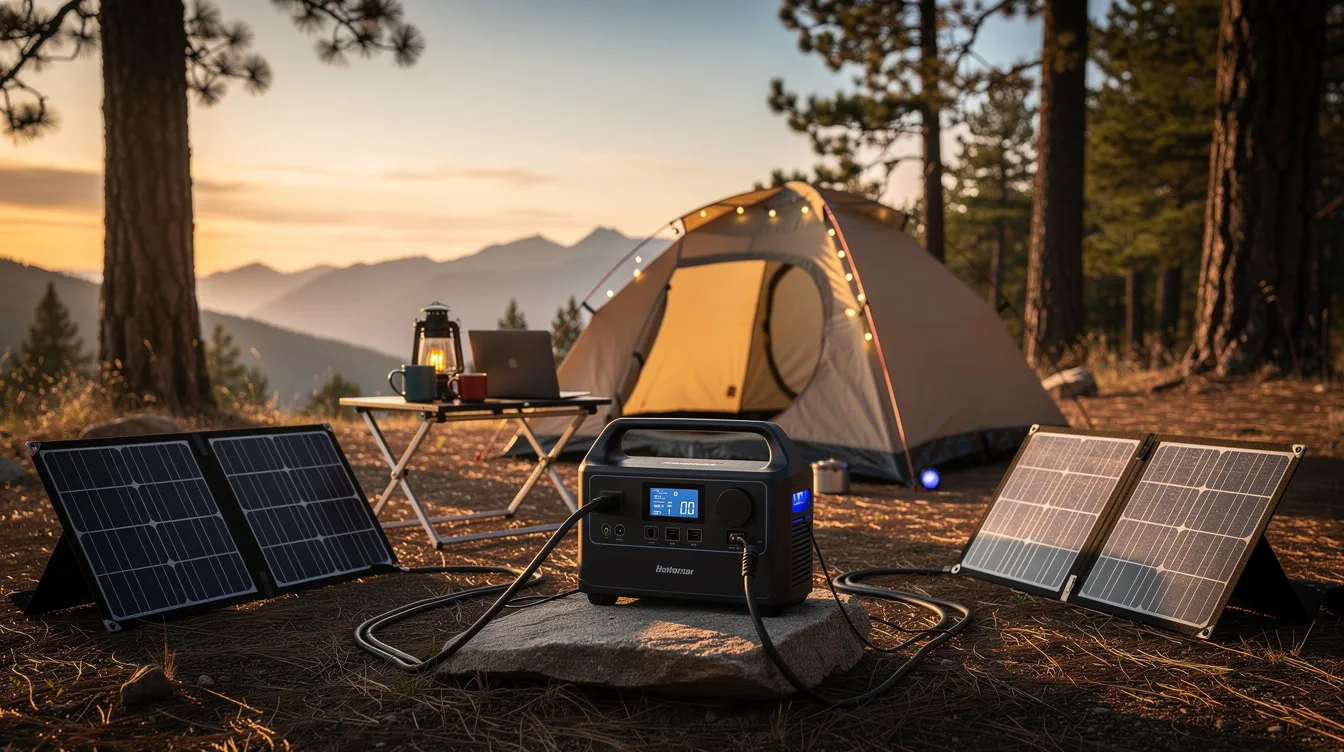 A portable power station is set up at an outdoor campsite, connected to solar panels that harness the sun's energy for electricity. This eco-friendly setup provides a reliable power source for various solar gadgets and devices, ensuring users can charge their phones and laptops while enjoying nature.