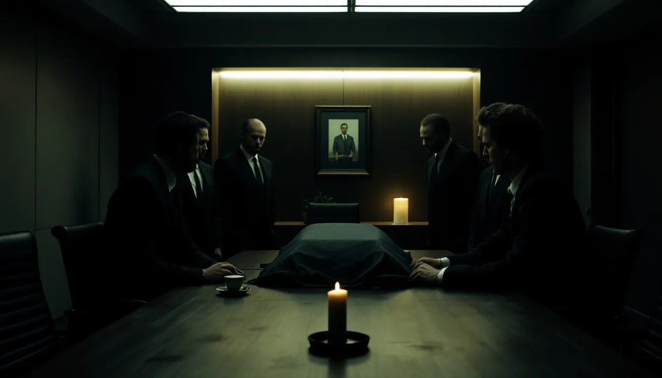 A somber scene depicting a memorial service for a worker who passed away due to a workplace incident.