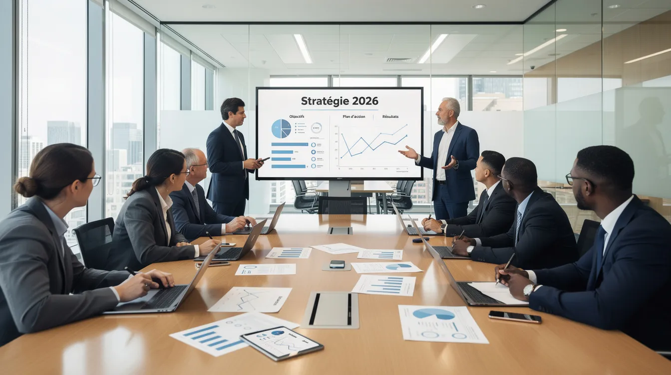 Des professionnels en réunion dans une salle de conférence moderne discutent de stratégies de vente autour d'une table, avec des documents et des écrans affichant des graphiques. Ils échangent des idées sur les techniques de vente et l'écoute active pour mieux répondre aux besoins des clients.