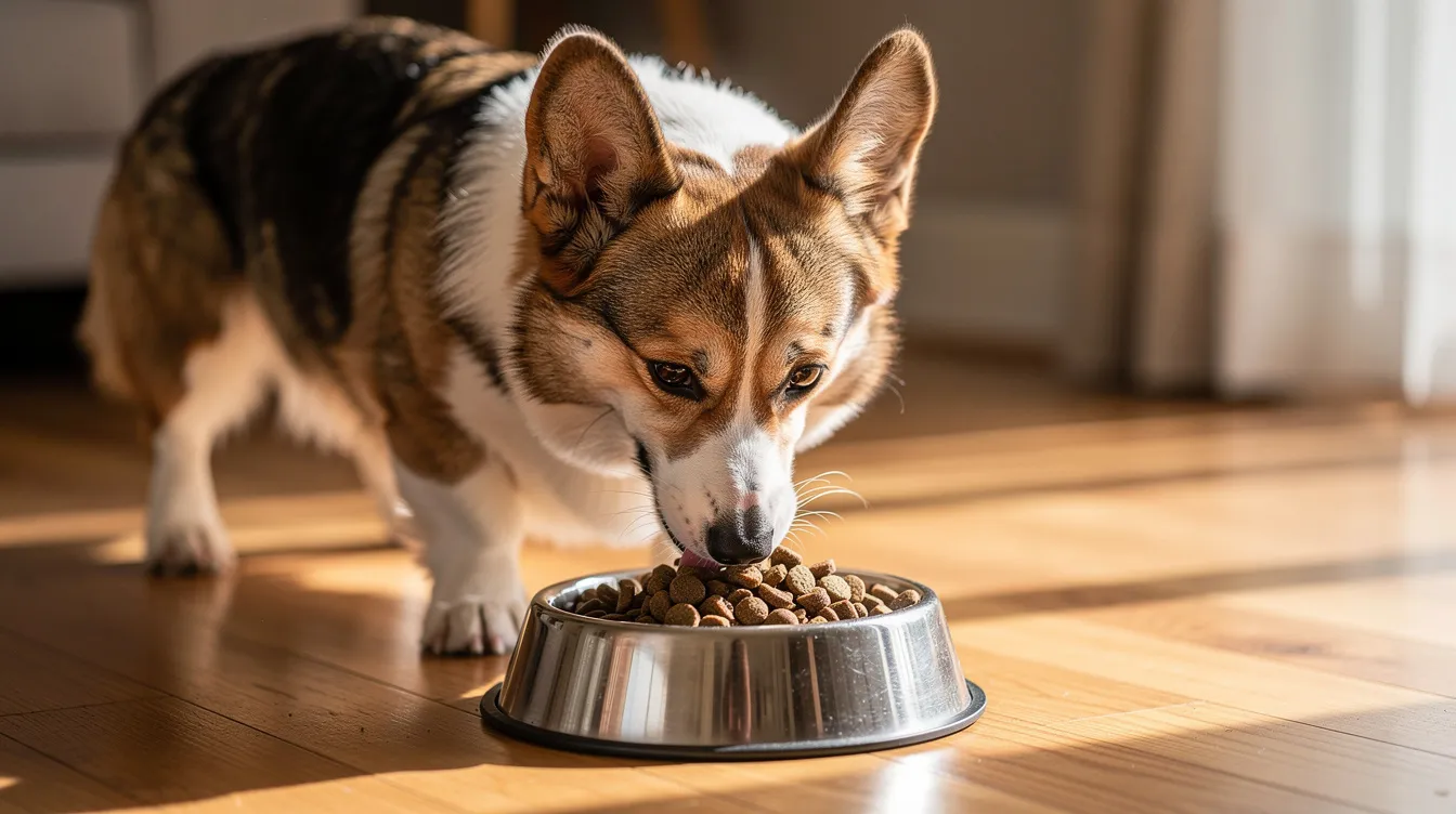 A realistic image shows an affectionate cardigan welsh corgi with upright ears happily eating high-quality kibble from a dog bowl. The dog's short legs and double coat are visible, highlighting its playful personality as it enjoys its meal.