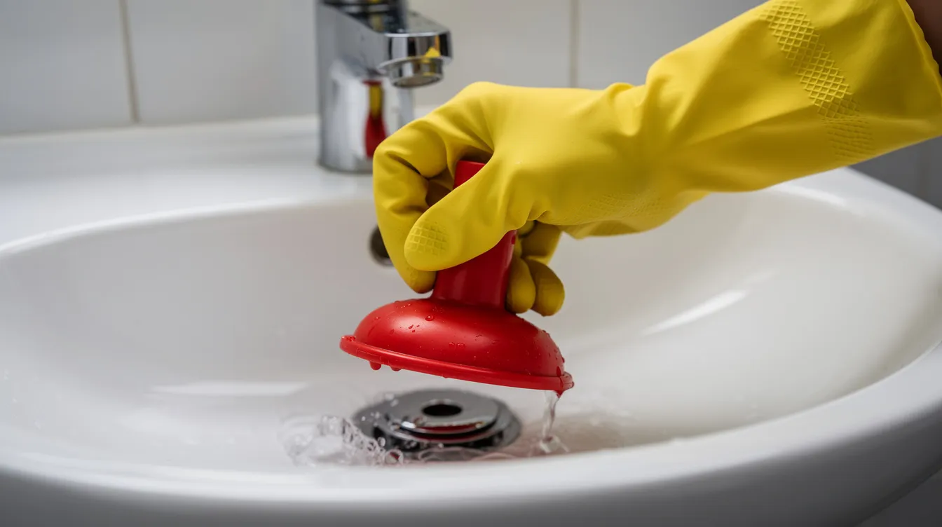 A person wearing yellow rubber gloves is using a red cup plunger on a white ceramic bathroom sink to address a potential blockage. This DIY method is a common approach to tackle slow drainage and stubborn blockages caused by food debris or soap residue in the plumbing system.