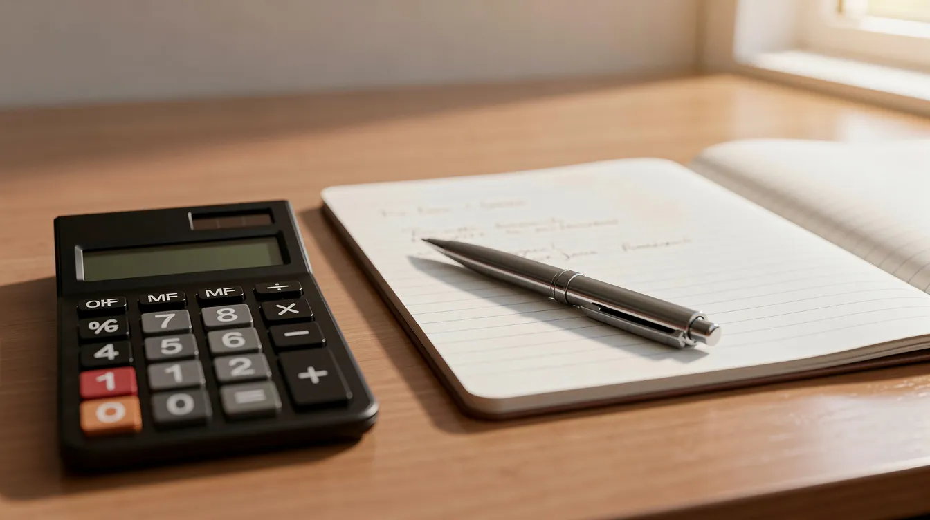 The image shows a calculator, a notebook, and a pen neatly arranged on a wooden desk, suggesting a workspace for financial calculations or loan applications. This setting could be used for discussing terms related to 中小 企 貸款 and other financing options.