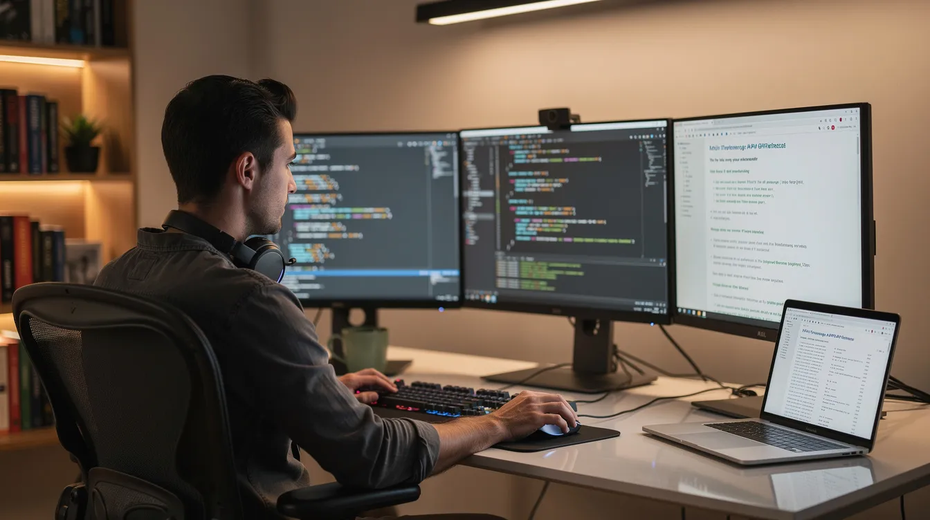 The image shows a developer working at a desk surrounded by multiple monitors displaying lines of code and API documentation related to open banking solutions. The setup highlights the integration of financial data access and the innovative technology driving the open banking sector, enabling secure payments and improving financial management for consumers and businesses alike.