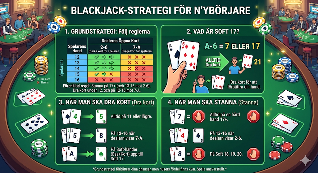 Blackjack strategi för nybörjare – grundstrategi, soft 17 och när du ska dra kort eller stanna
