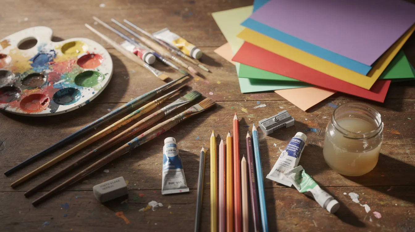The image features an array of art supplies, including vibrant paintbrushes and colored paper, arranged on a rustic wooden table, creating a creative atmosphere. This setting can be utilized in group therapy sessions, where members engage in expressive activities to enhance emotional well-being and develop healthier coping mechanisms.