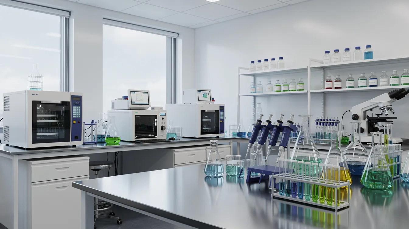 Das Bild zeigt eine moderne Laborumgebung mit verschiedenen Analysegeräten und Glaskolben, die für chemische Untersuchungen genutzt werden. In diesem Kontext könnten Produkte wie CBD als Novel Food untersucht werden, was für die Sicherheit und Zulassung von Lebensmitteln in der EU von Bedeutung ist.