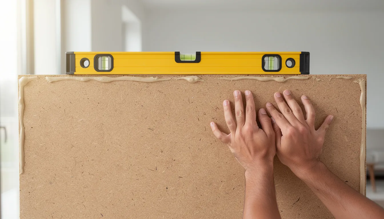 Een paar handen drukken MDF wandpanelen tegen een muur, terwijl een waterpas en montagekit zichtbaar zijn. Deze decoratieve wandpanelen zijn ideaal voor het creëren van een sfeervol interieur en bieden een eenvoudige montage voor elke ruimte.