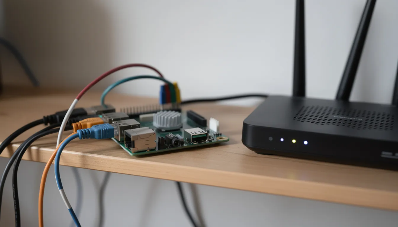 The image shows a small computer server, resembling a Raspberry Pi, connected with various cables, positioned on a shelf next to a router. This setup exemplifies the integration of smart home devices and ambient intelligence, facilitating seamless connectivity and control within a smart home system.