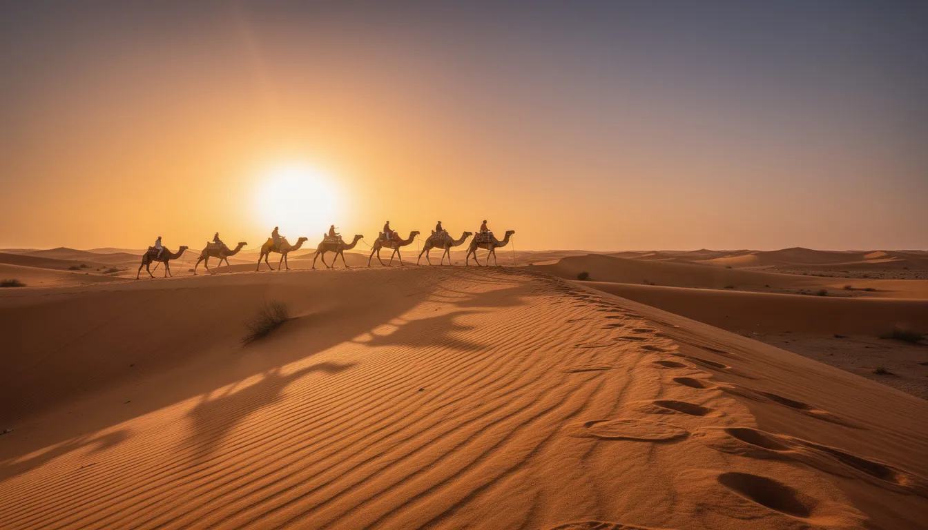 A camel caravan traverses the golden sand dunes of the Sahara desert at sunset, creating a picturesque scene that highlights the beauty of Morocco's diverse landscape. This unforgettable journey showcases the rich history and ancient traditions of the region, making it a must-see for travelers exploring North Africa.