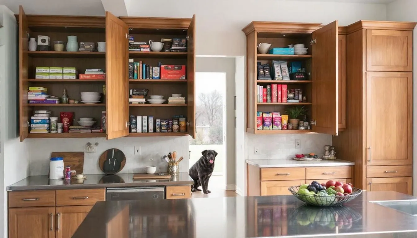 In this image, a well-organized kitchen features various chocolate products, including milk chocolate and cocoa powder, stored safely in high cabinets, well out of a dog