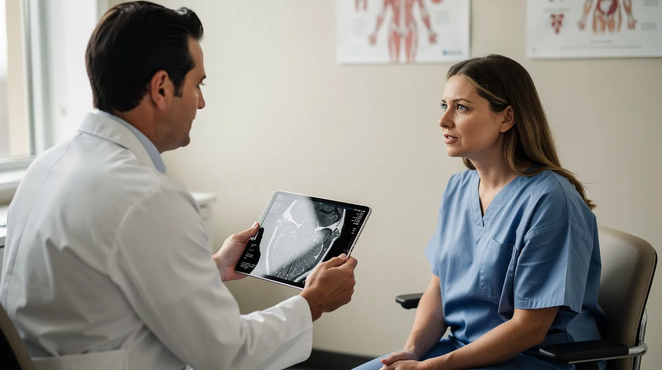 A medical professional is seated with a patient, discussing the results of a dexa scan, which provides insights into body composition, including visceral fat, muscle mass, and bone density. The patient appears engaged as they review important data points related to their metabolic health and risk factors for conditions such as osteoporosis and cardiovascular disease.