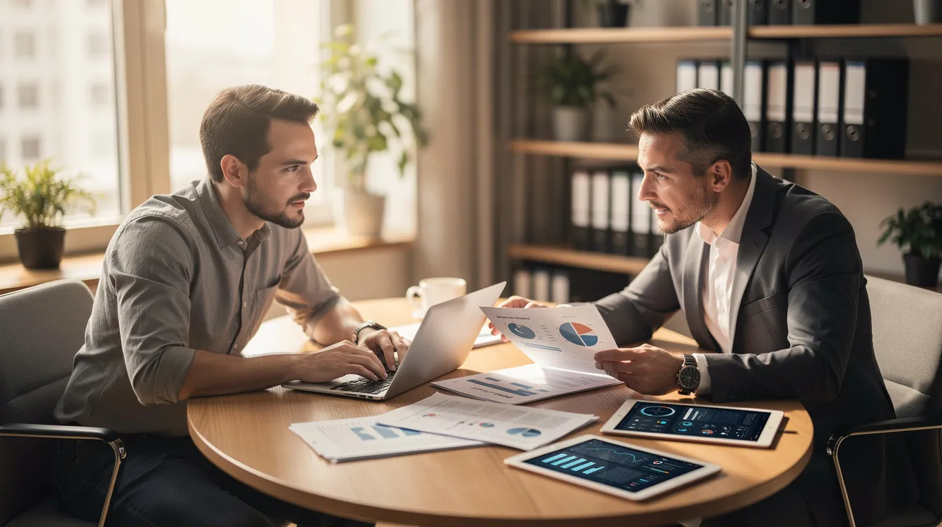 6fded44d d13f 49d2 adc6 fd0ba167b42e An entrepreneur and a professional advisor are seated at a desk, reviewing various business documents, including a detailed project report that outlines the commercial aspects and financial projections necessary for securing a business loan. They discuss key elements such as cash flow statements and repayment schedules to ensure comprehensive preparation for potential bank loan applications.