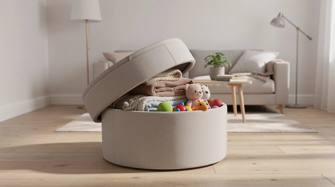 En öppnad sittpuff med förvaring står i ett litet vardagsrum och visar plädar och leksaker inuti. Sittpuffen ger extra sittplats och fungerar både som en praktisk förvaringslösning och en stilfull inredningsdetalj.