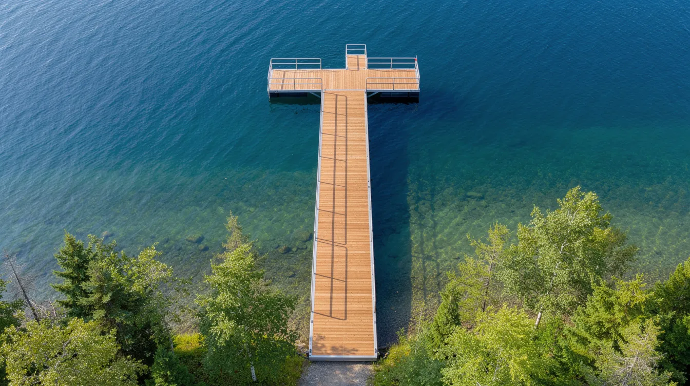 An aerial view showcases a wooden and aluminum floating dock extending into a clear blue lake, surrounded by lush green trees. This floating dock system provides safe access for boating and swimming, making it an ideal choice for waterfront property owners looking for the best floating docks for lakes.